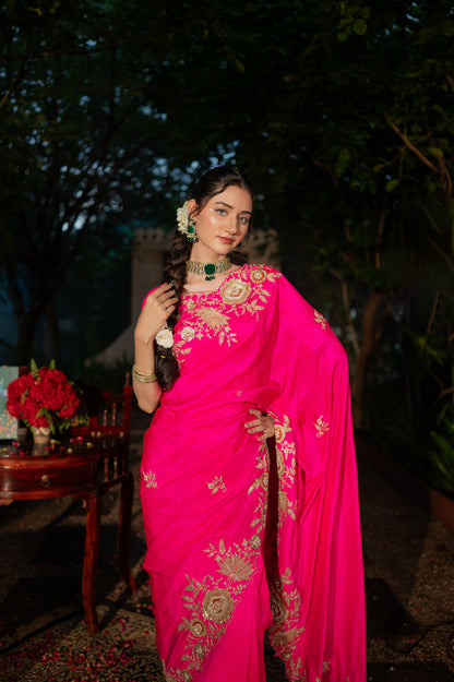 Designer Saree - Hot Pink Raw Silk Dabka Marodi Zardozi | Wedding Saree