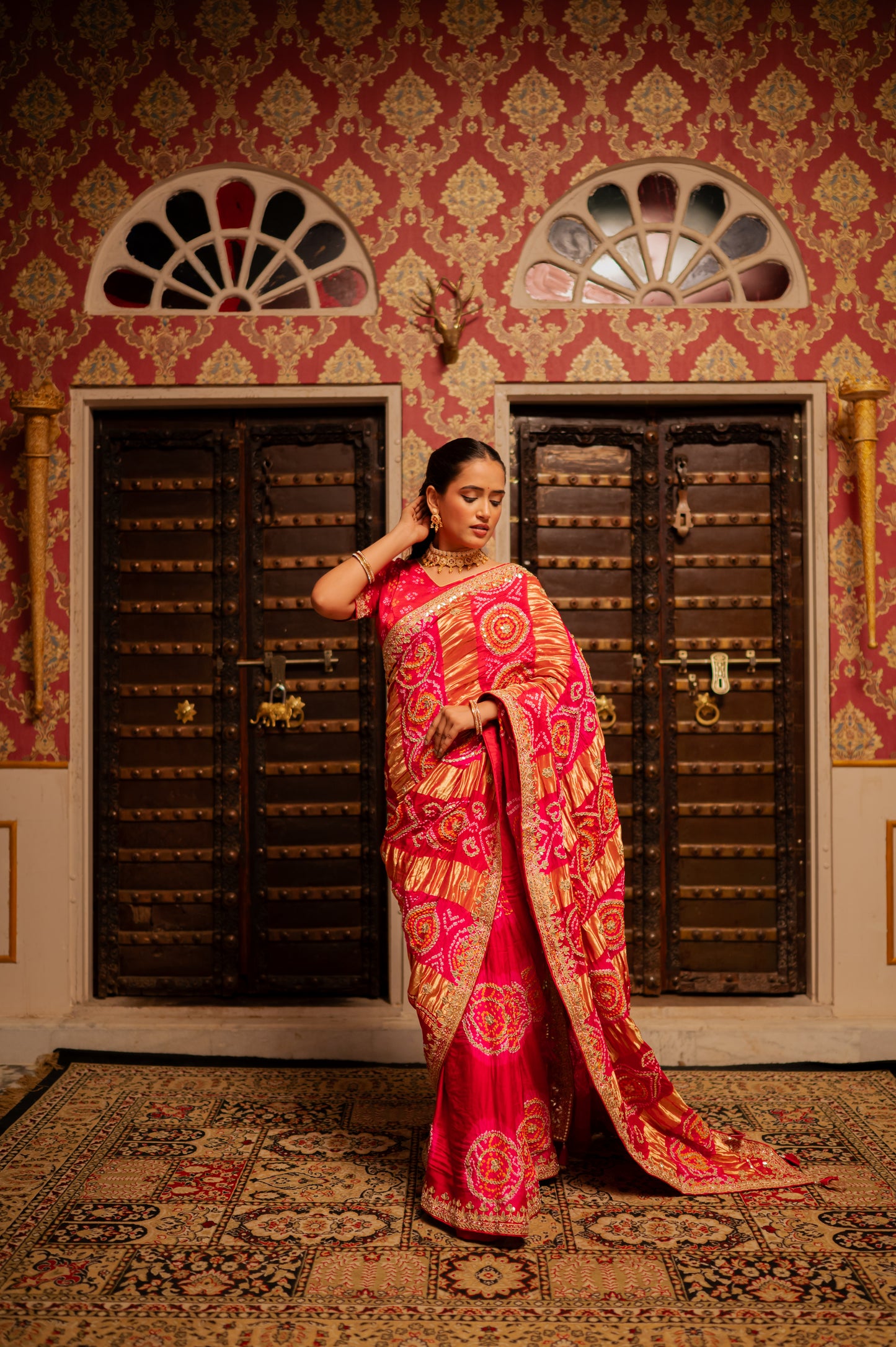 Red Pink Shaded Pure Gajji Silk Bandhani Saree with Gota Patti Work