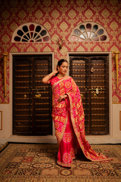Red Pink Shaded Pure Gajji Silk Bandhani Saree with Gota Patti Work