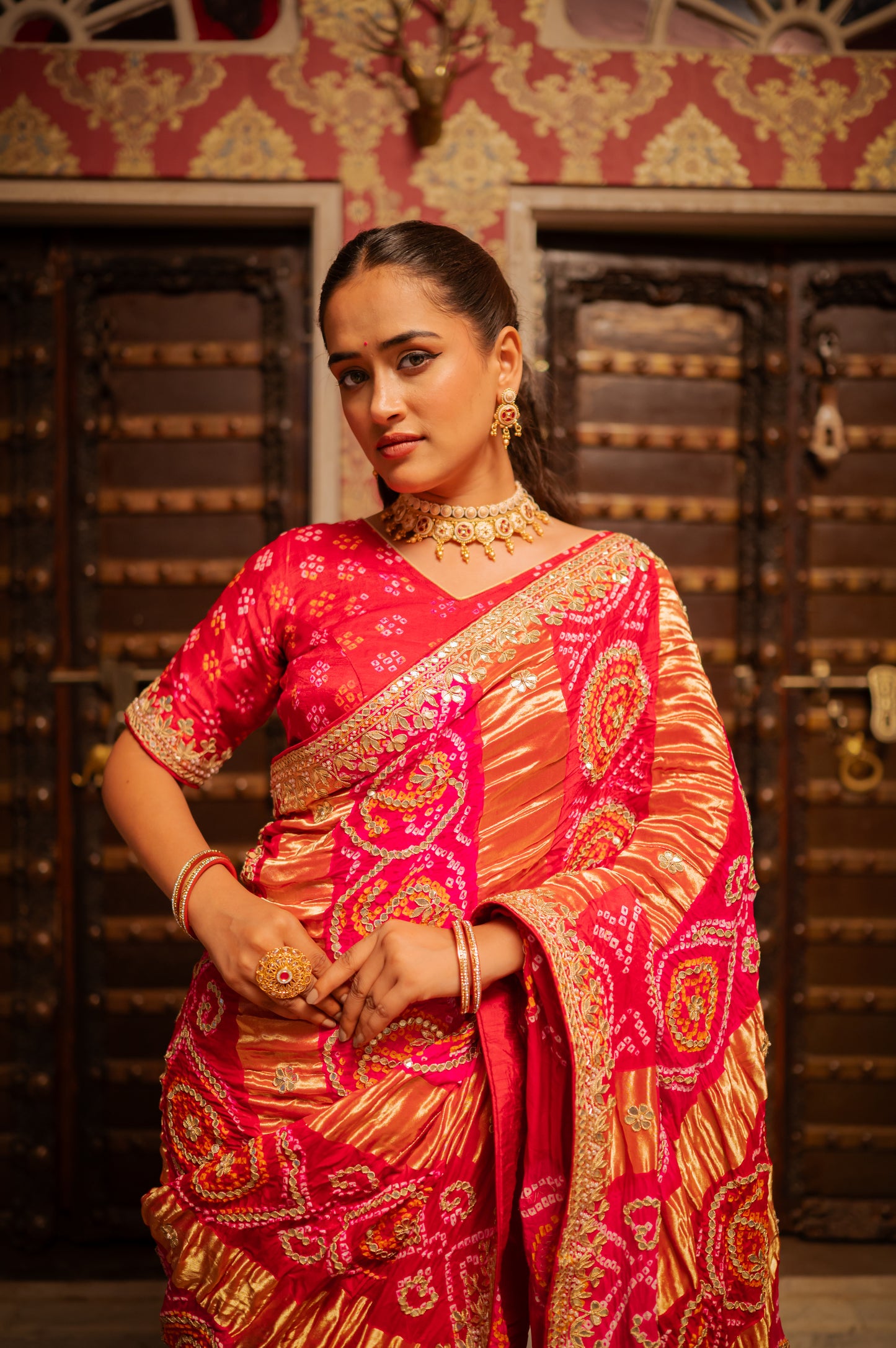 Red Pink Shaded Pure Gajji Silk Bandhani Saree with Gota Patti Work