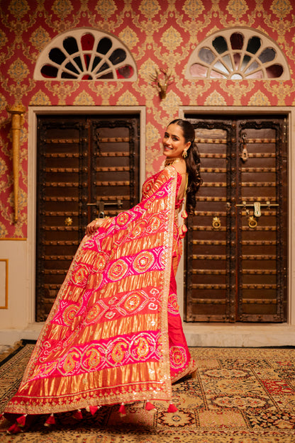 Red Pink Shaded Pure Gajji Silk Bandhani Saree with Gota Patti Work
