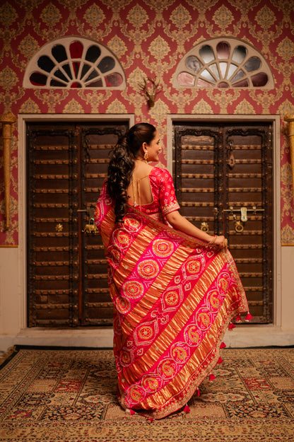 Red Pink Shaded Pure Gajji Silk Bandhani Saree with Gota Patti Work