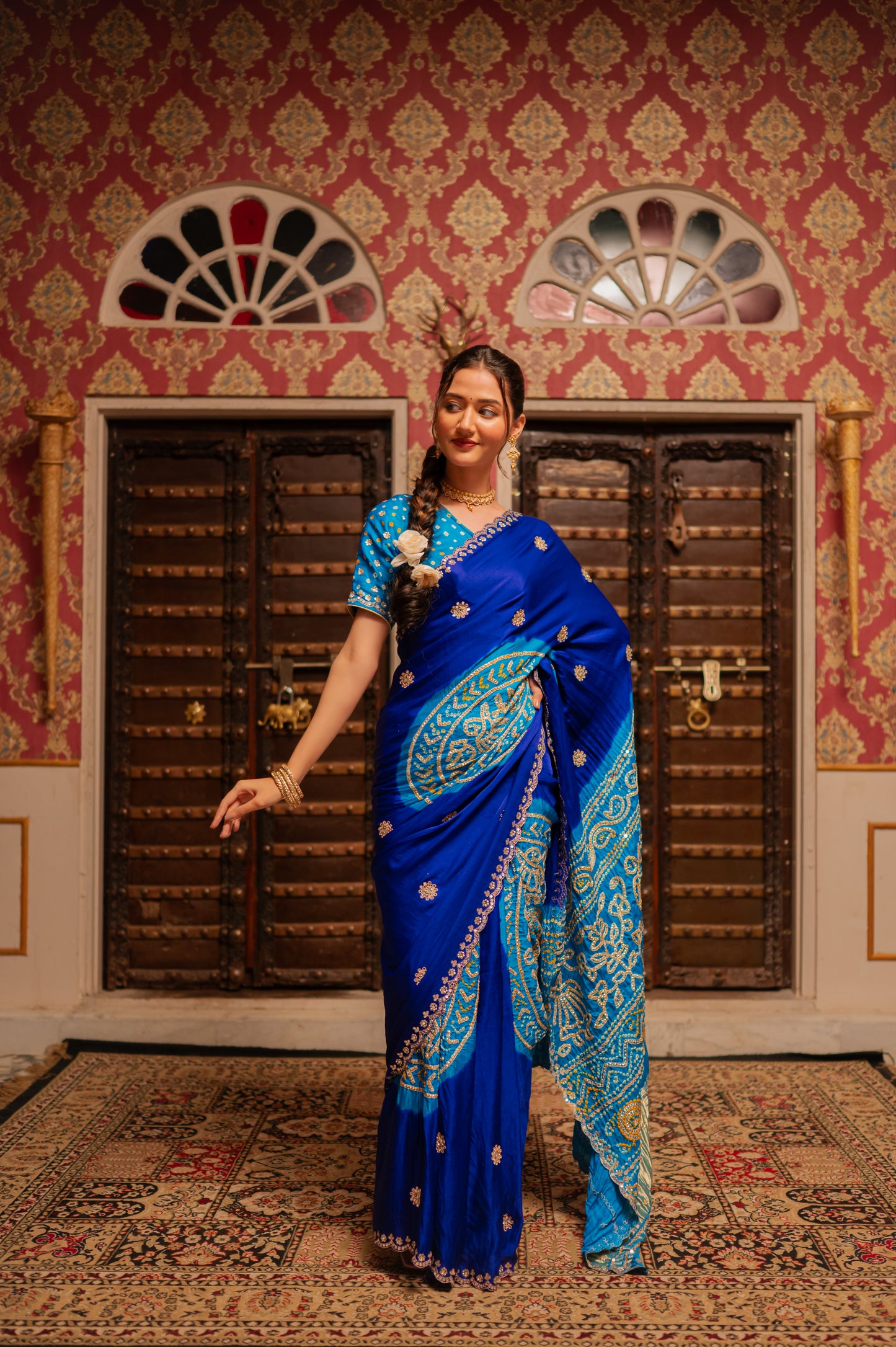 Sky Blue Multi Pure Gajji Silk Bandhani Saree with Gota Jaal Work