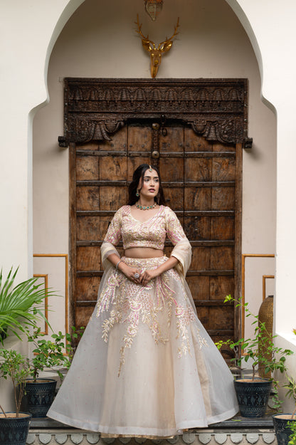 Bridal Lehenga - Peach Orange Net with Sequins | Wedding Lehenga Set