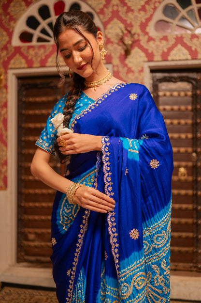 Sky Blue Multi Pure Gajji Silk Bandhani Saree with Gota Jaal Work