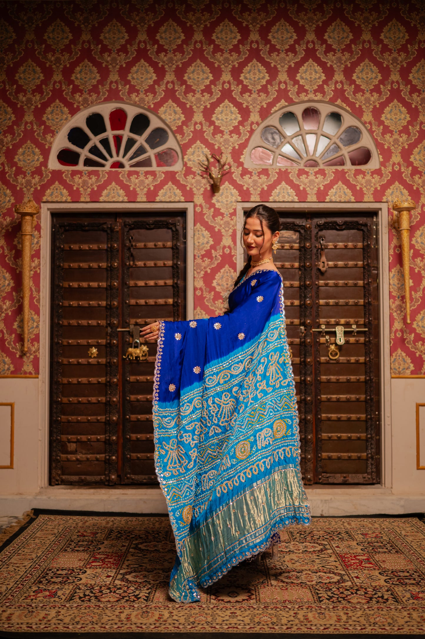 Sky Blue Multi Pure Gajji Silk Bandhani Saree with Gota Jaal Work