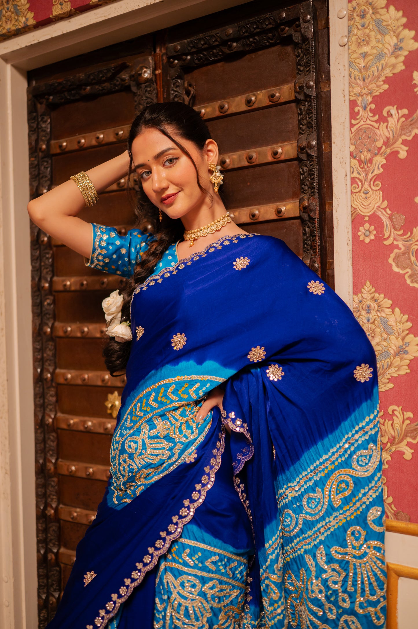 Sky Blue Multi Pure Gajji Silk Bandhani Saree with Gota Jaal Work