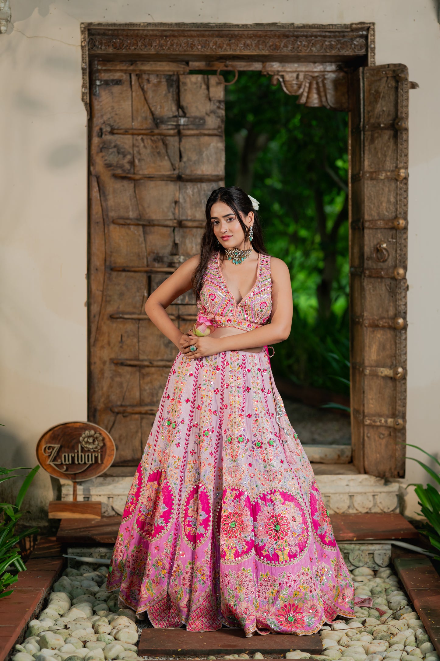 Light Orchid Silk Organza Lehenga with Handpainted and Thread Work