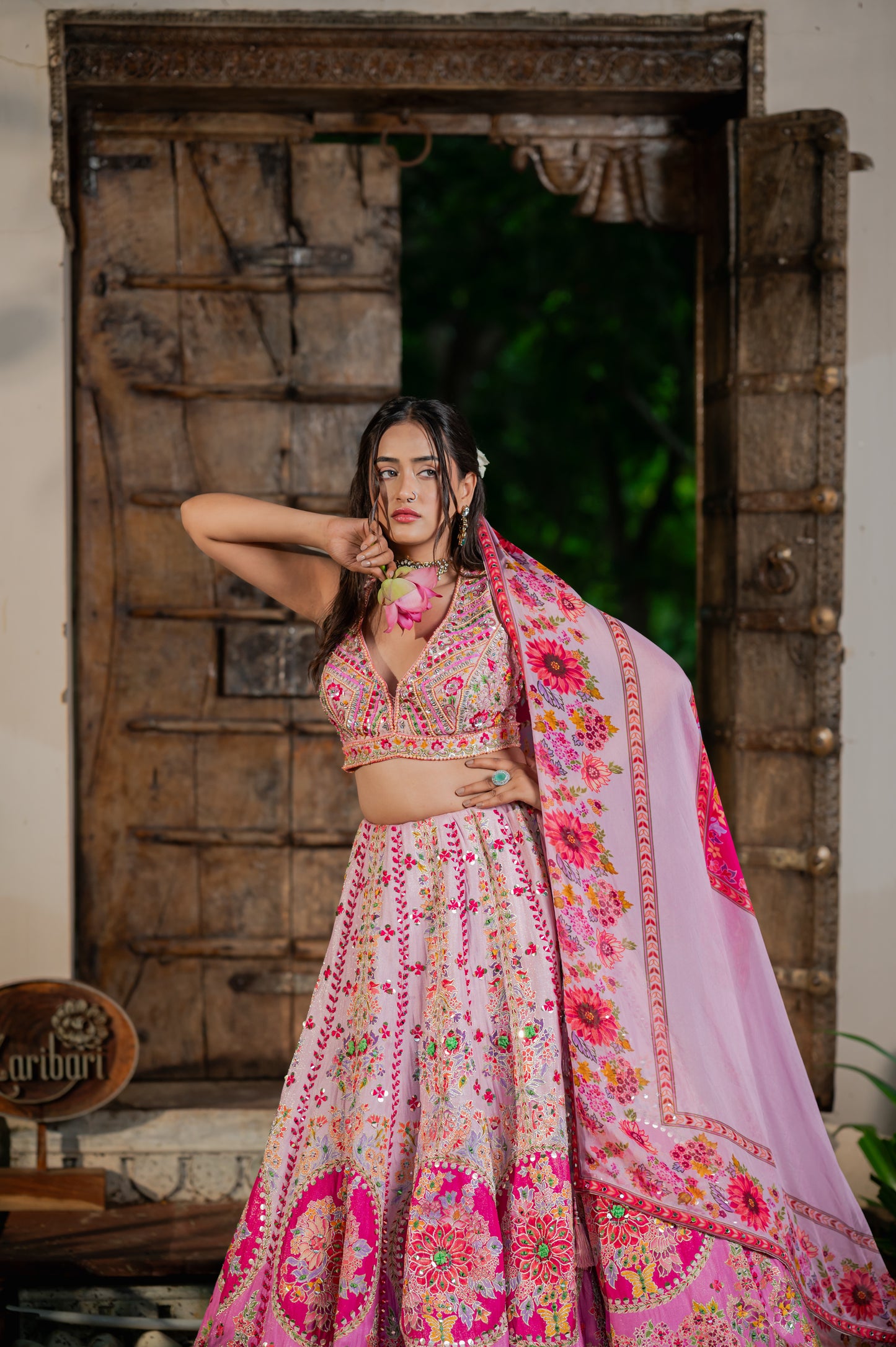 Light Orchid Silk Organza Lehenga with Handpainted and Thread Work