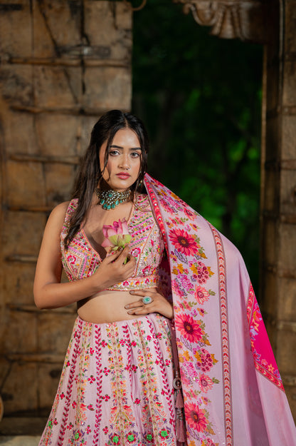 Wedding Lehenga - Orchid Silk Organza Hand-Painted | Bridal Lehenga