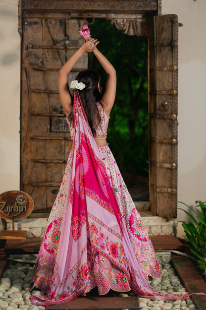 Wedding Lehenga - Orchid Silk Organza Hand-Painted | Bridal Lehenga