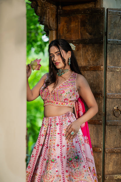 Wedding Lehenga - Orchid Silk Organza Hand-Painted | Bridal Lehenga