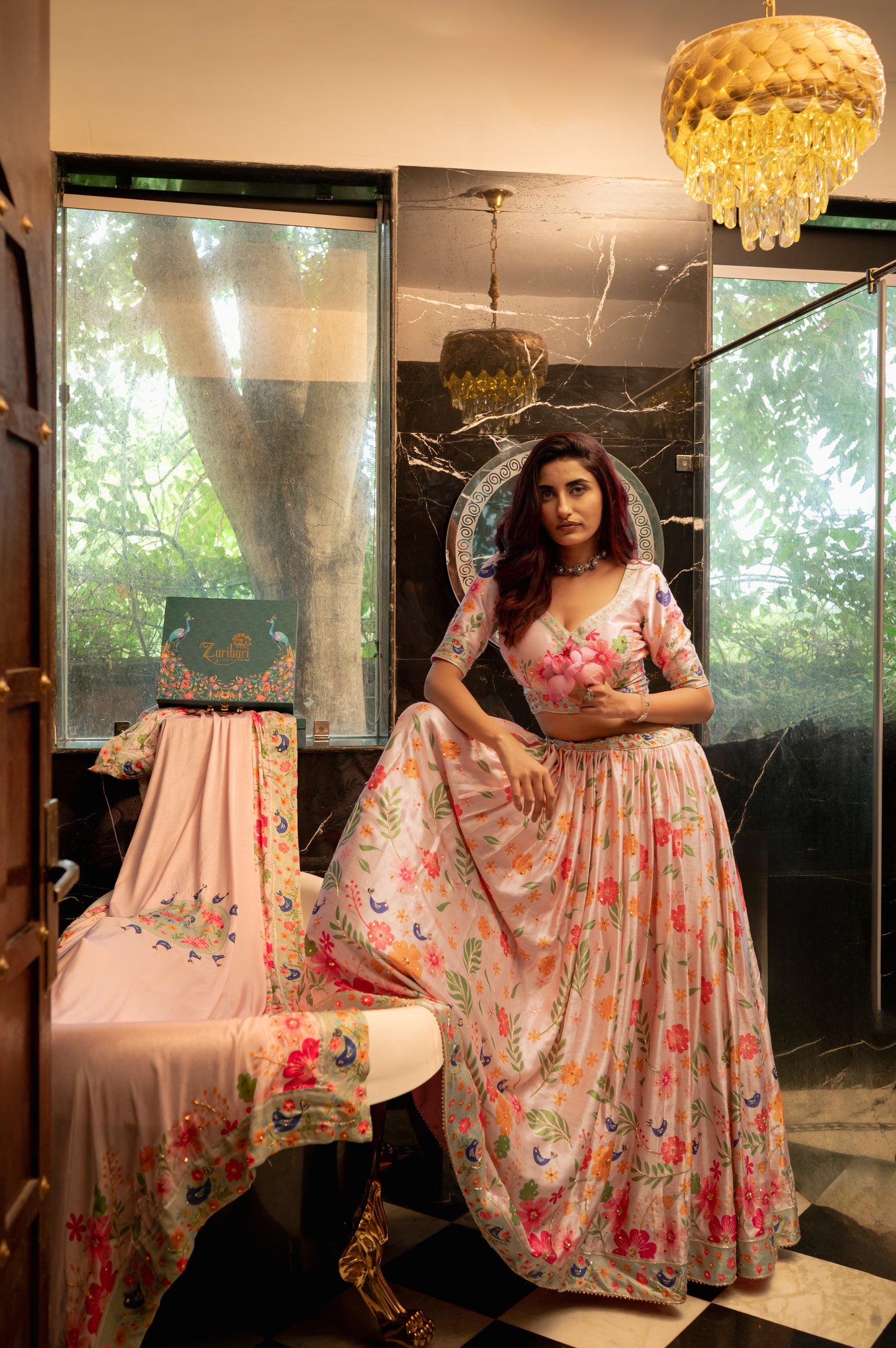 A stunning light pink gajji silk lehenga featuring digital print and sequins work lehenga beautifully adorned with fine craftsmanship and exquisite detailing, perfect for festive and special occasions.