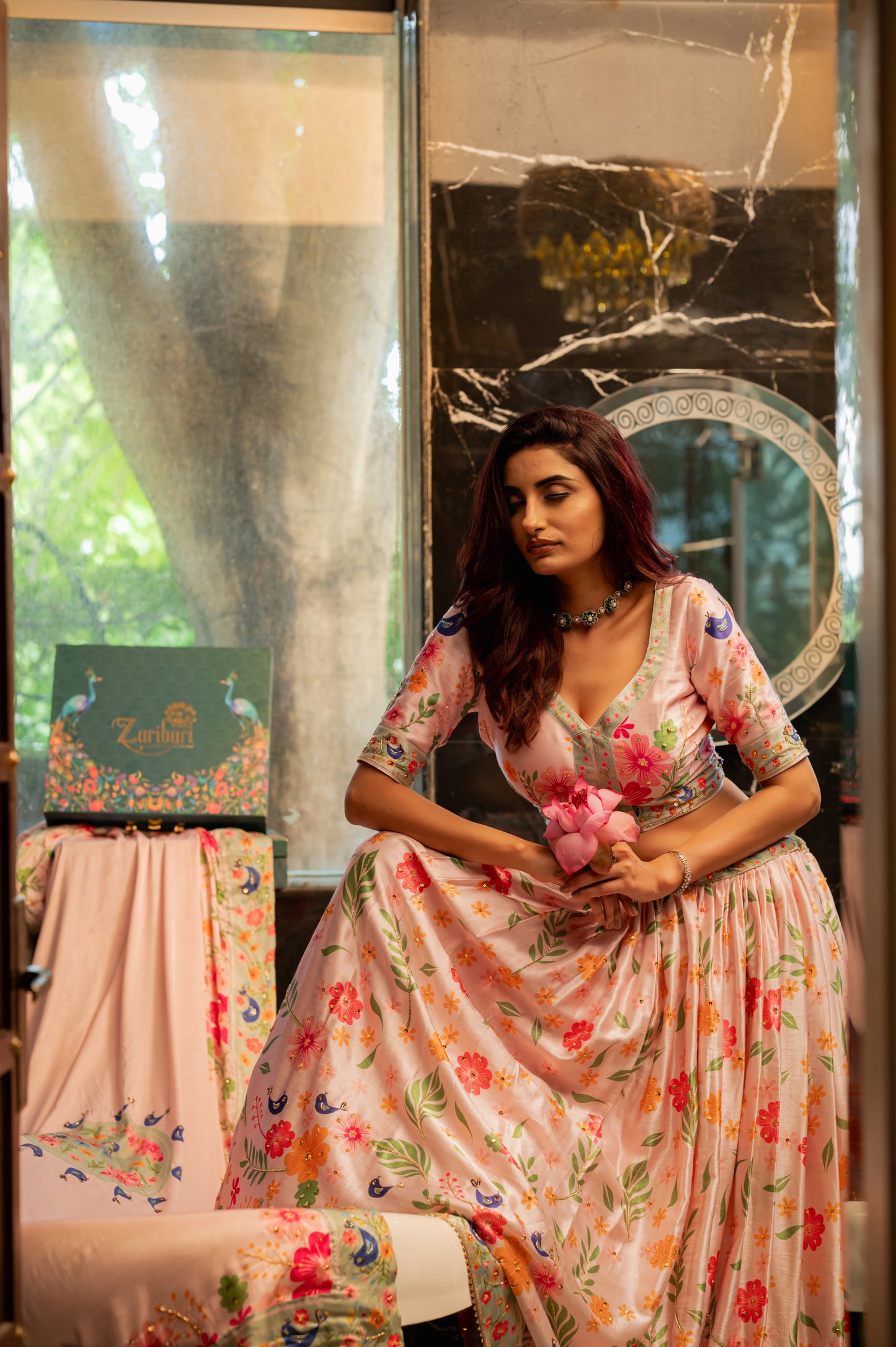 Light Pink Gajji Silk Lehenga with Digital Print and Sequins Work