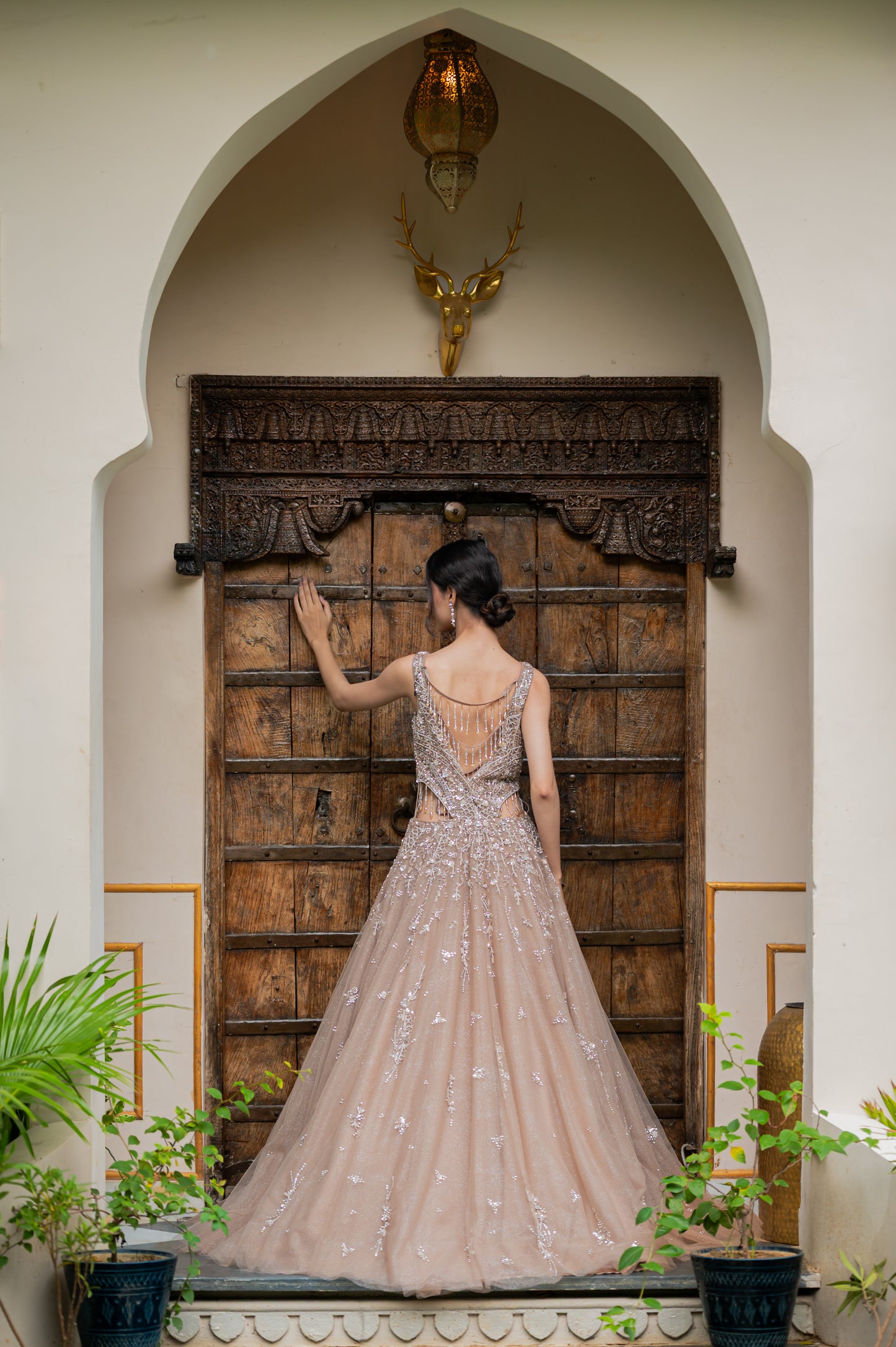 Dark Grayish Orange Soft Net Indo Western Gown with Kardana Sequins Work