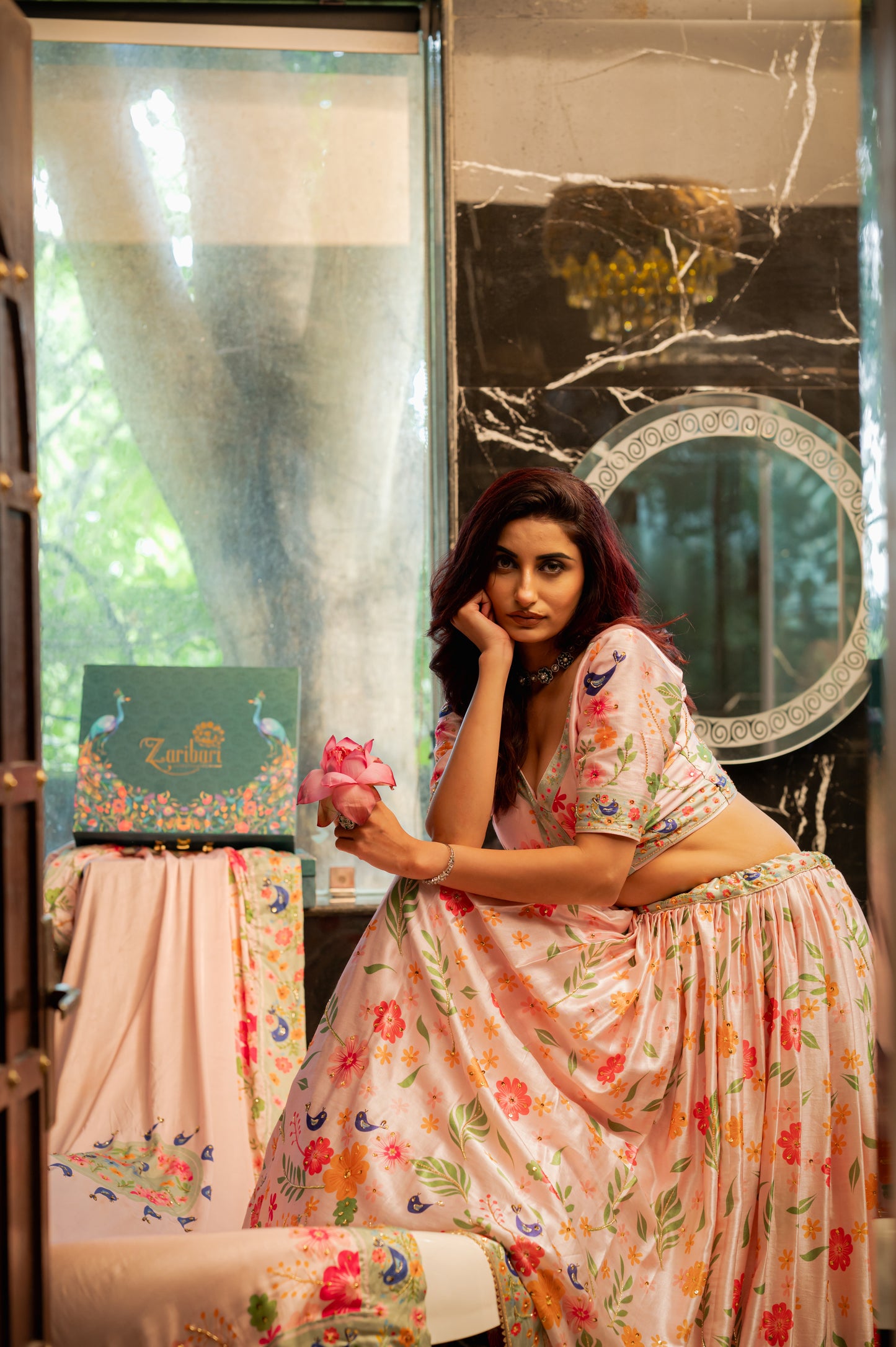 Light Pink Gajji Silk Lehenga with Digital Print and Sequins Work