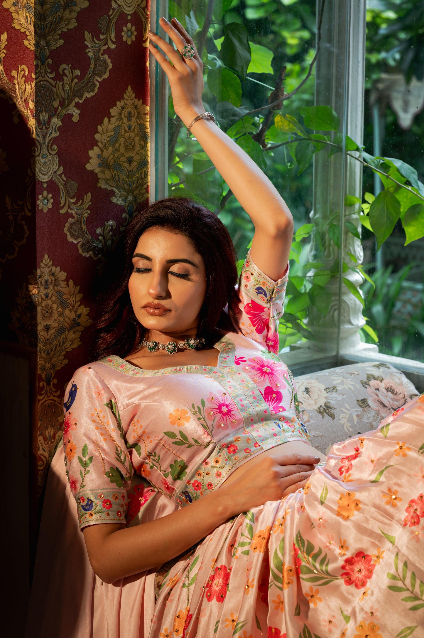 Light Pink Gajji Silk Lehenga with Digital Print and Sequins Work