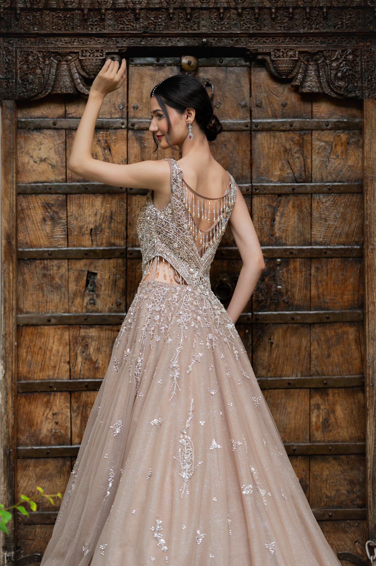 Dark Grayish Orange Soft Net Indo Western Gown with Kardana Sequins Work