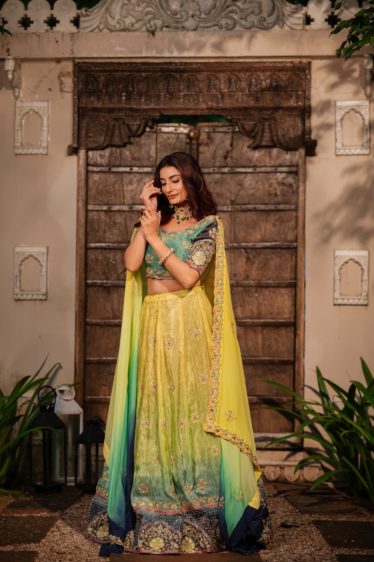 Yellow Parrot Green Shaded Crepe Lehenga with Zardozi Sequins Kardana Work