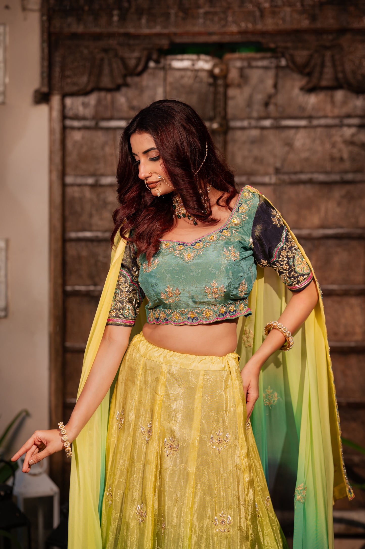 Yellow Parrot Green Shaded Crepe Lehenga with Zardozi Sequins Kardana Work
