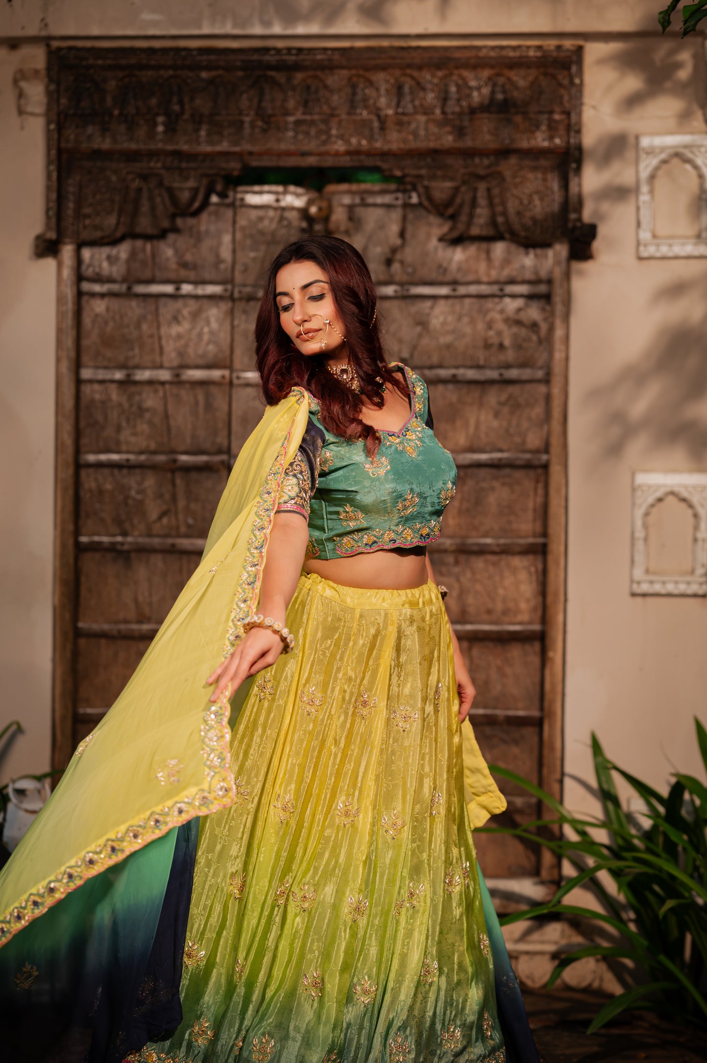 Yellow Parrot Green Shaded Crepe Lehenga with Zardozi Sequins Kardana Work
