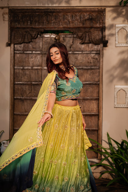 Wedding Lehenga - Yellow Green Crepe Zardozi Sequins | Bridal Lehenga