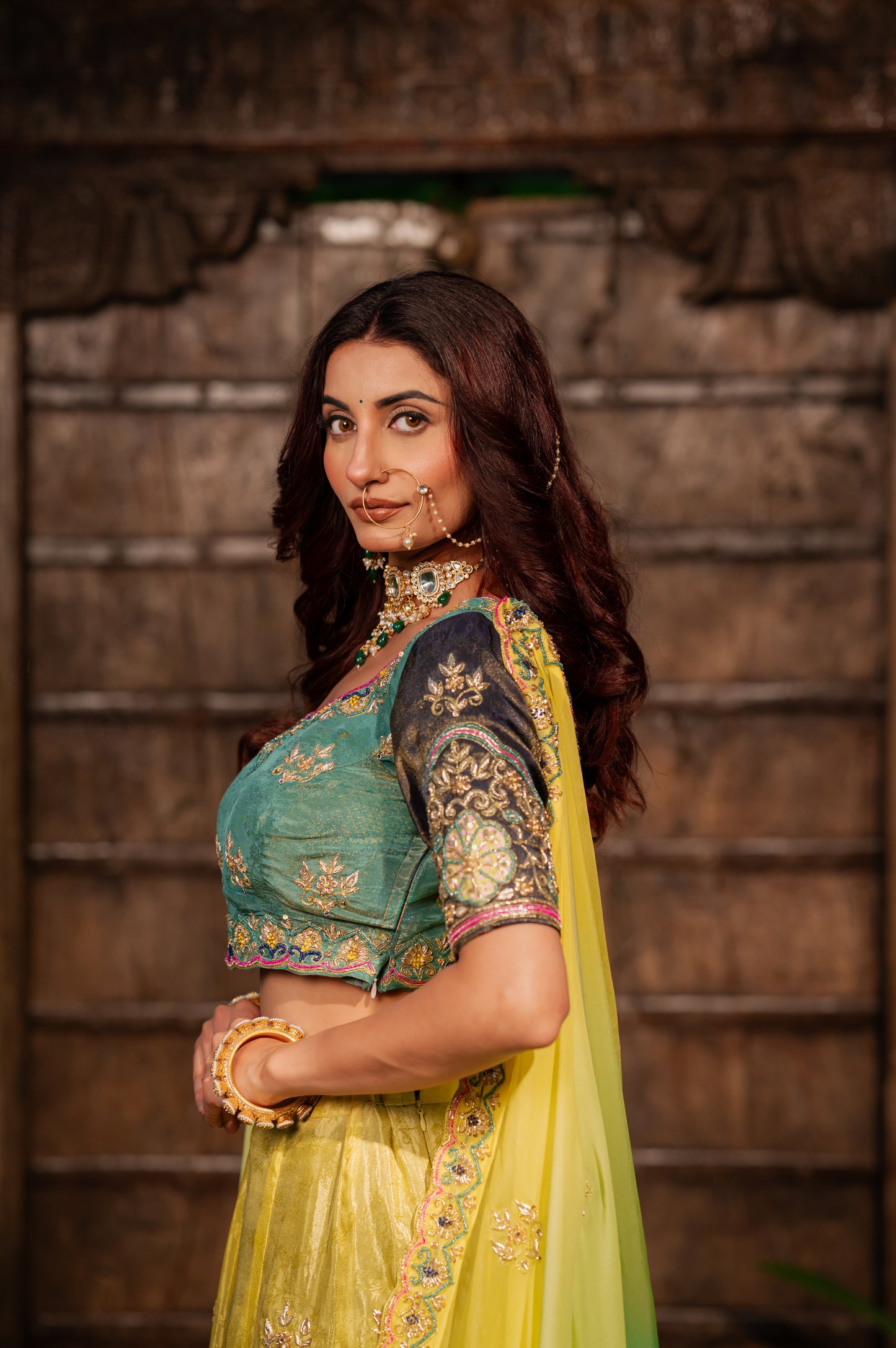 Yellow Parrot Green Shaded Crepe Lehenga with Zardozi Sequins Kardana Work