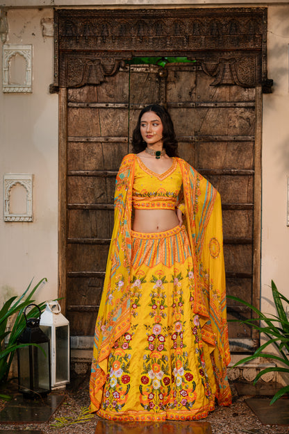 Wedding Lehenga - Mango Yellow Silk Thread Sequins | Bridal Lehenga