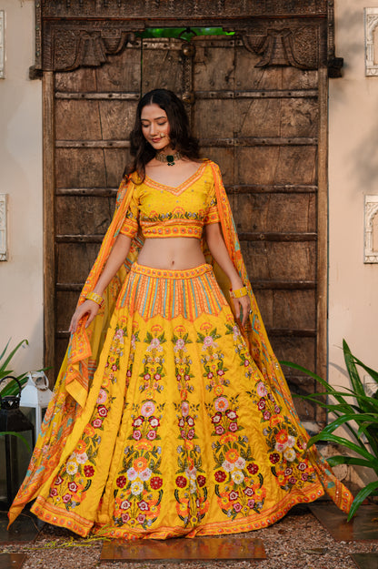 Wedding Lehenga - Mango Yellow Silk Thread Sequins | Bridal Lehenga
