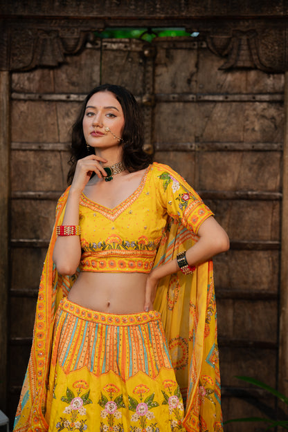 Wedding Lehenga - Mango Yellow Silk Thread Sequins | Bridal Lehenga