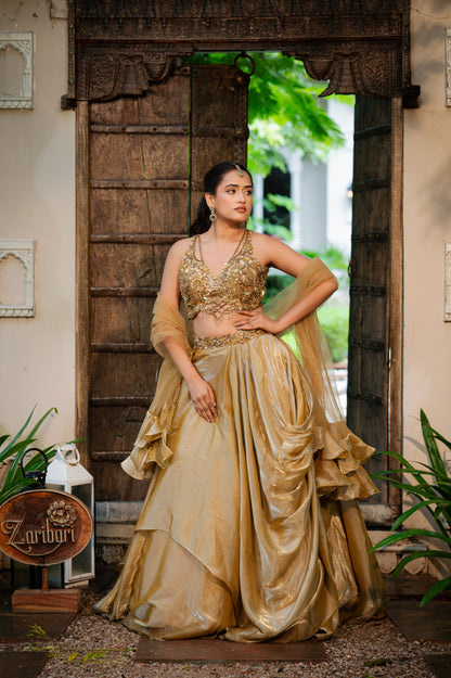 Coffee Golden Tissue Satin Lehenga with Zardozi Sequins Work