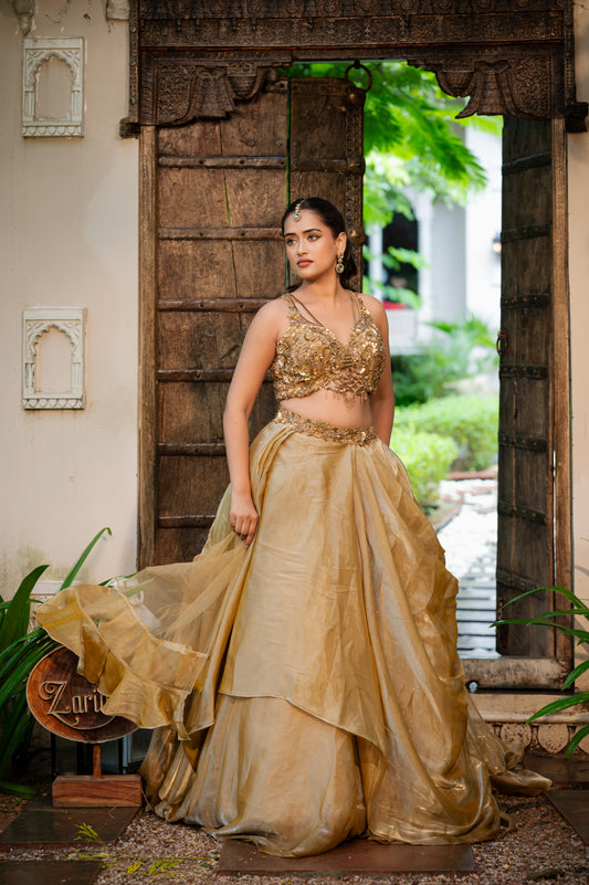 Coffee Golden Tissue Satin Lehenga with Zardozi Sequins Work