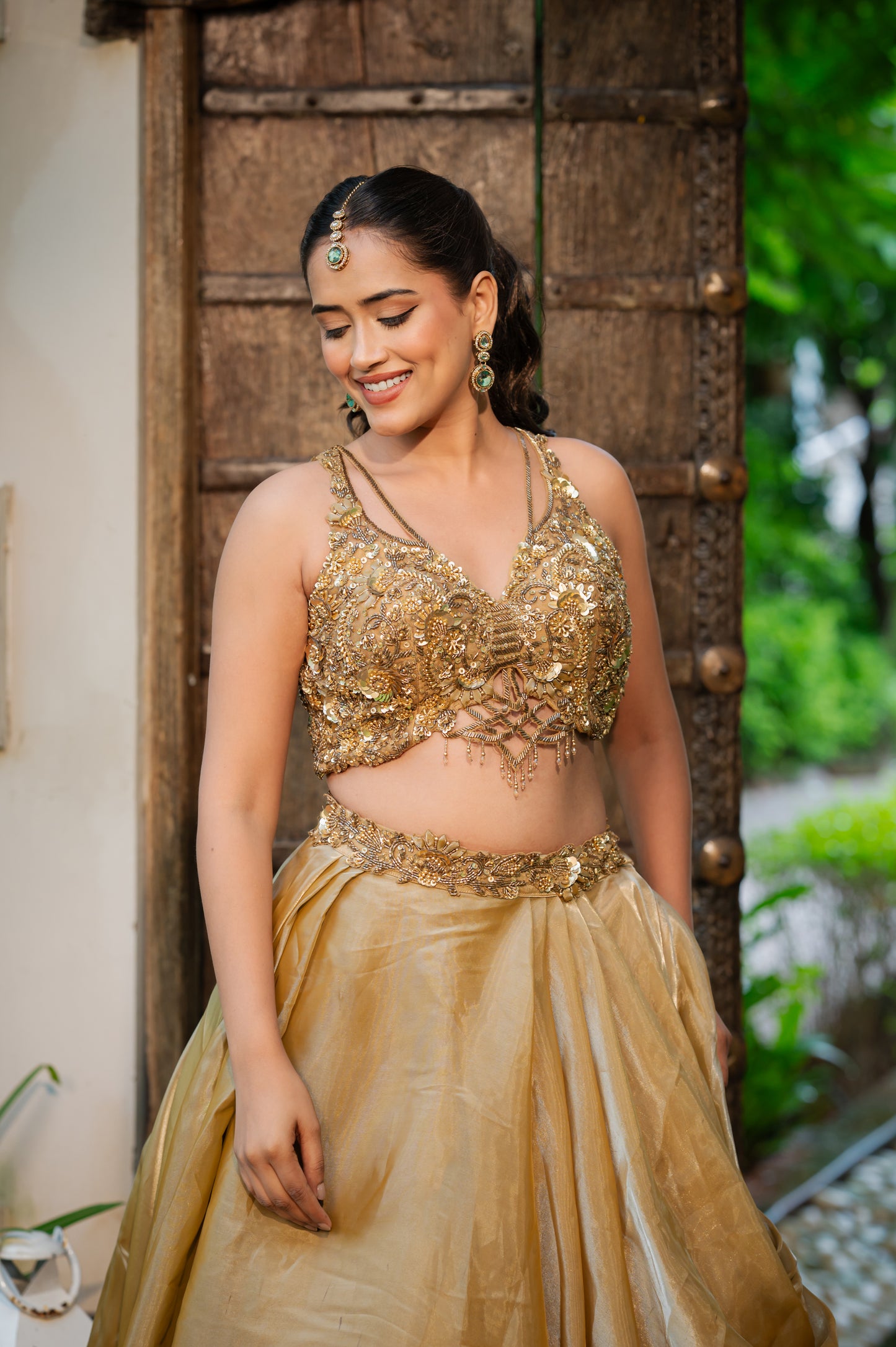Coffee Golden Tissue Satin Lehenga with Zardozi Sequins Work
