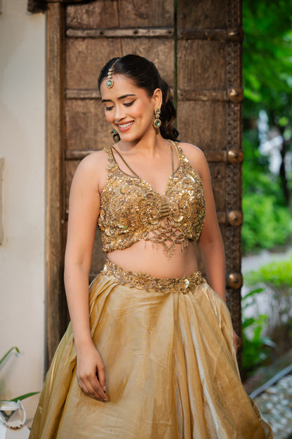 Coffee Golden Tissue Satin Lehenga with Zardozi Sequins Work