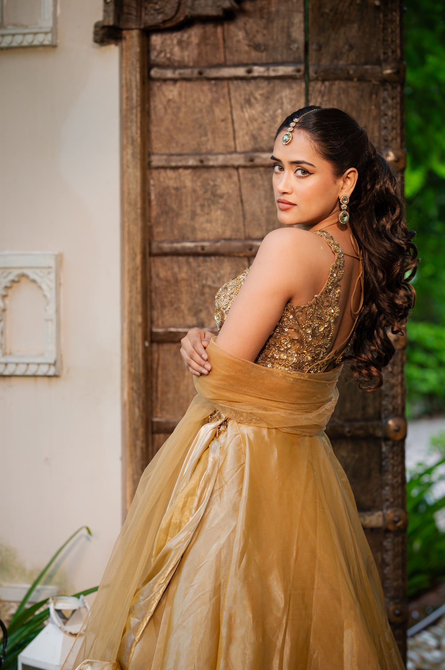 Coffee Golden Tissue Satin Lehenga with Zardozi Sequins Work