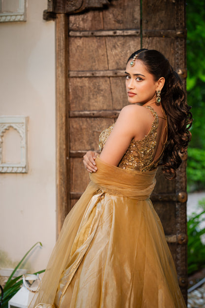 Coffee Golden Tissue Satin Lehenga with Zardozi Sequins Work