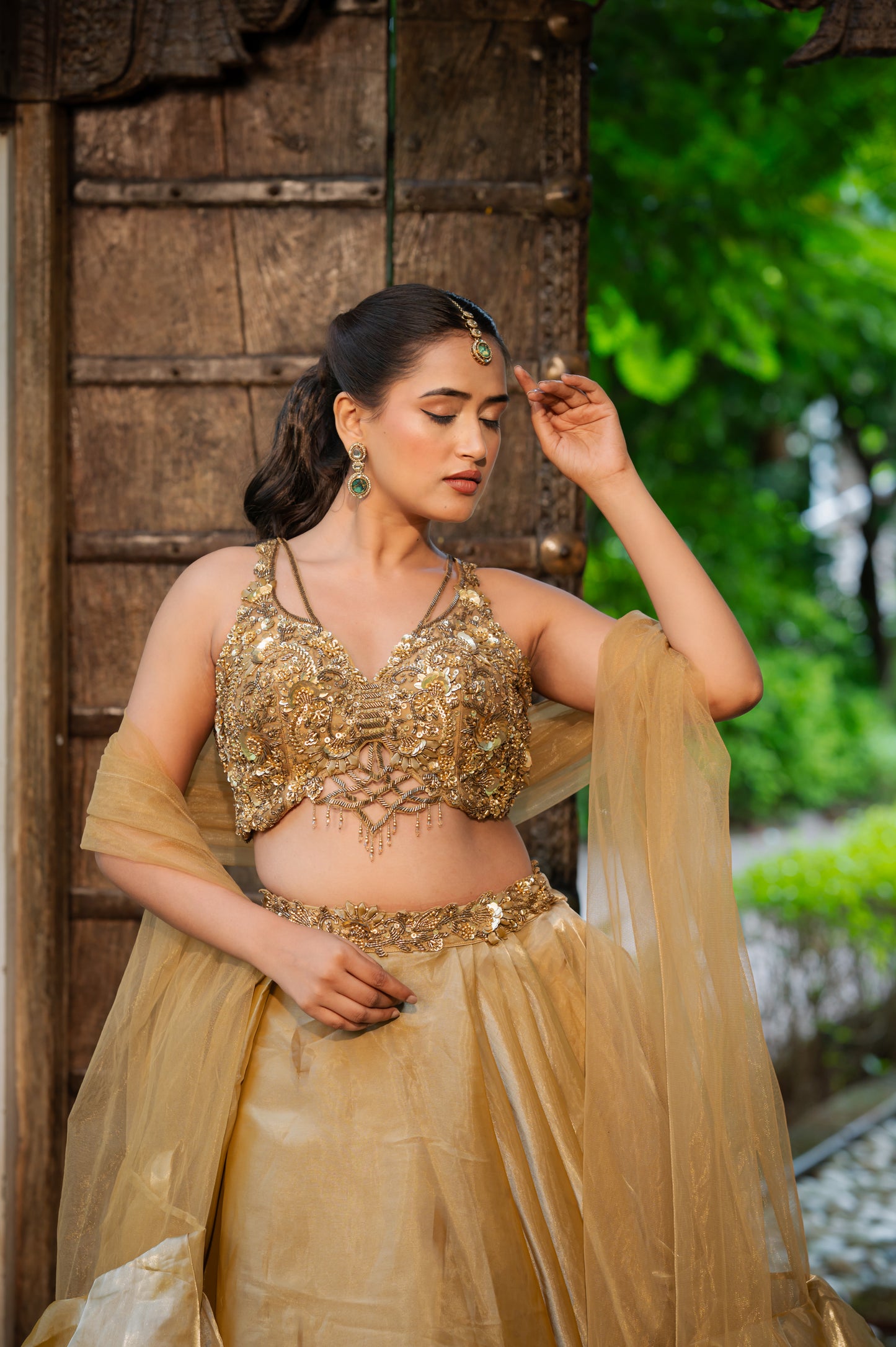 Coffee Golden Tissue Satin Lehenga with Zardozi Sequins Work