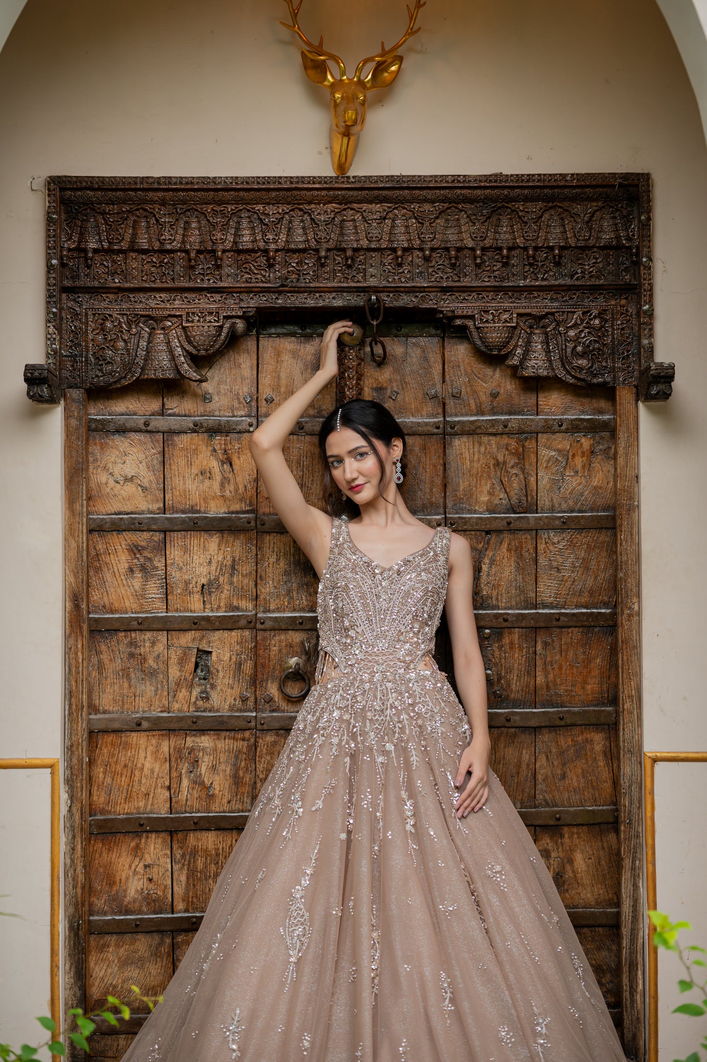 Dark Grayish Orange Soft Net Indo Western Gown with Kardana Sequins Work