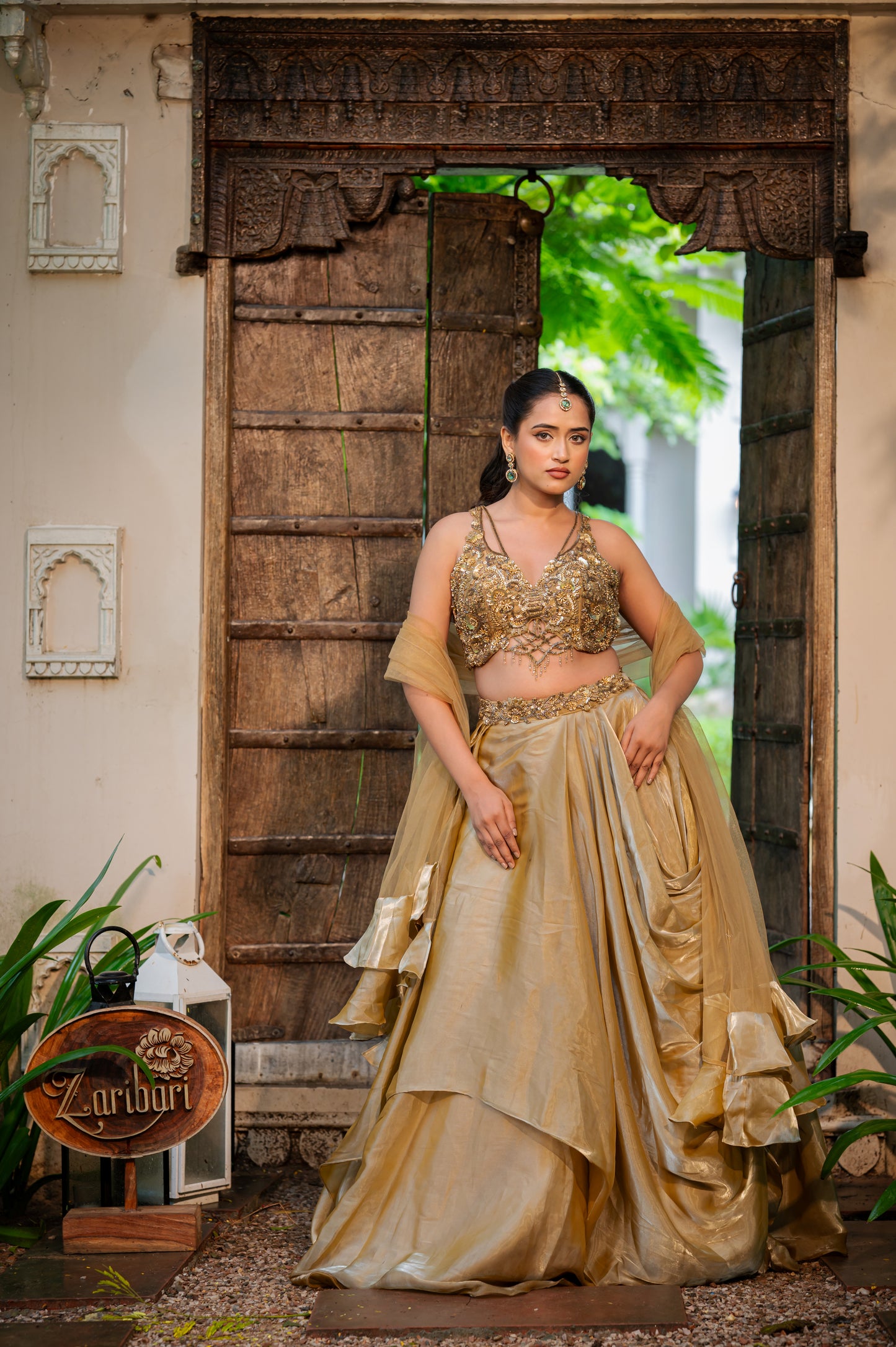 Coffee Golden Tissue Satin Lehenga with Zardozi Sequins Work