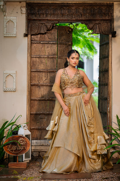 Coffee Golden Tissue Satin Lehenga with Zardozi Sequins Work