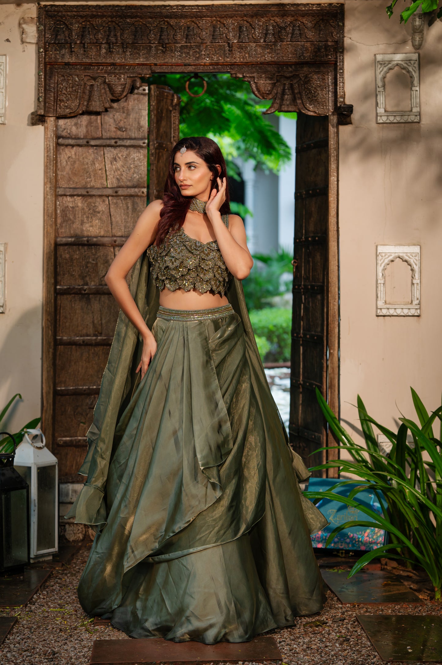 Olive Tissue Satin Lehenga with Zardozi Sequins Work