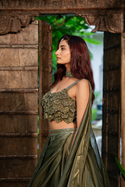 Olive Tissue Satin Lehenga with Zardozi Sequins Work