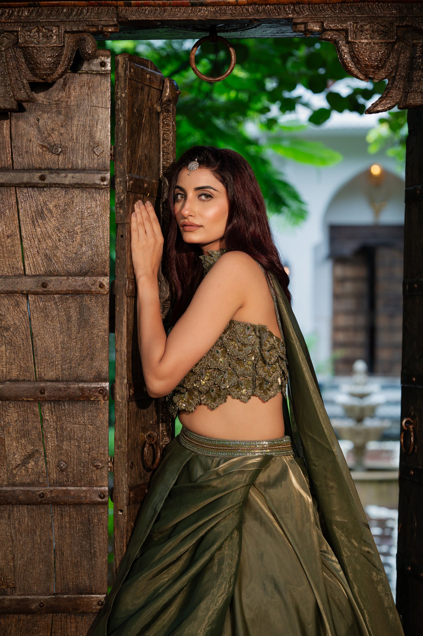 Olive Tissue Satin Lehenga with Zardozi Sequins Work