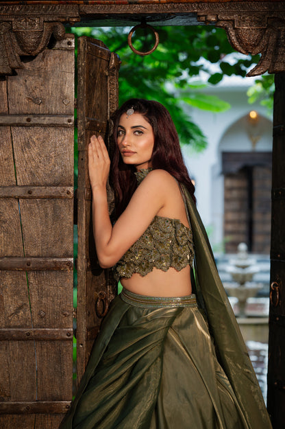 Olive Tissue Satin Lehenga with Zardozi Sequins Work