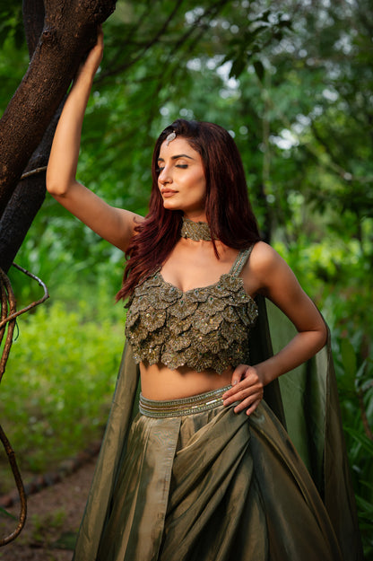 Olive Tissue Satin Lehenga with Zardozi Sequins Work