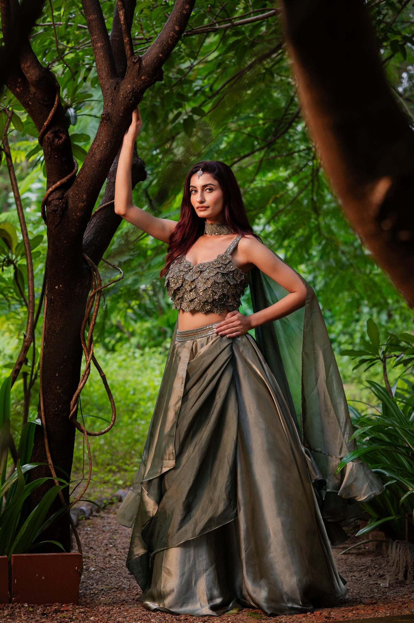 Olive Tissue Satin Lehenga with Zardozi Sequins Work