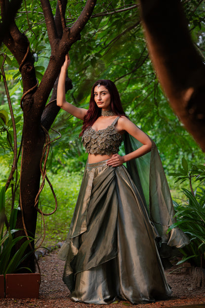 Olive Tissue Satin Lehenga with Zardozi Sequins Work
