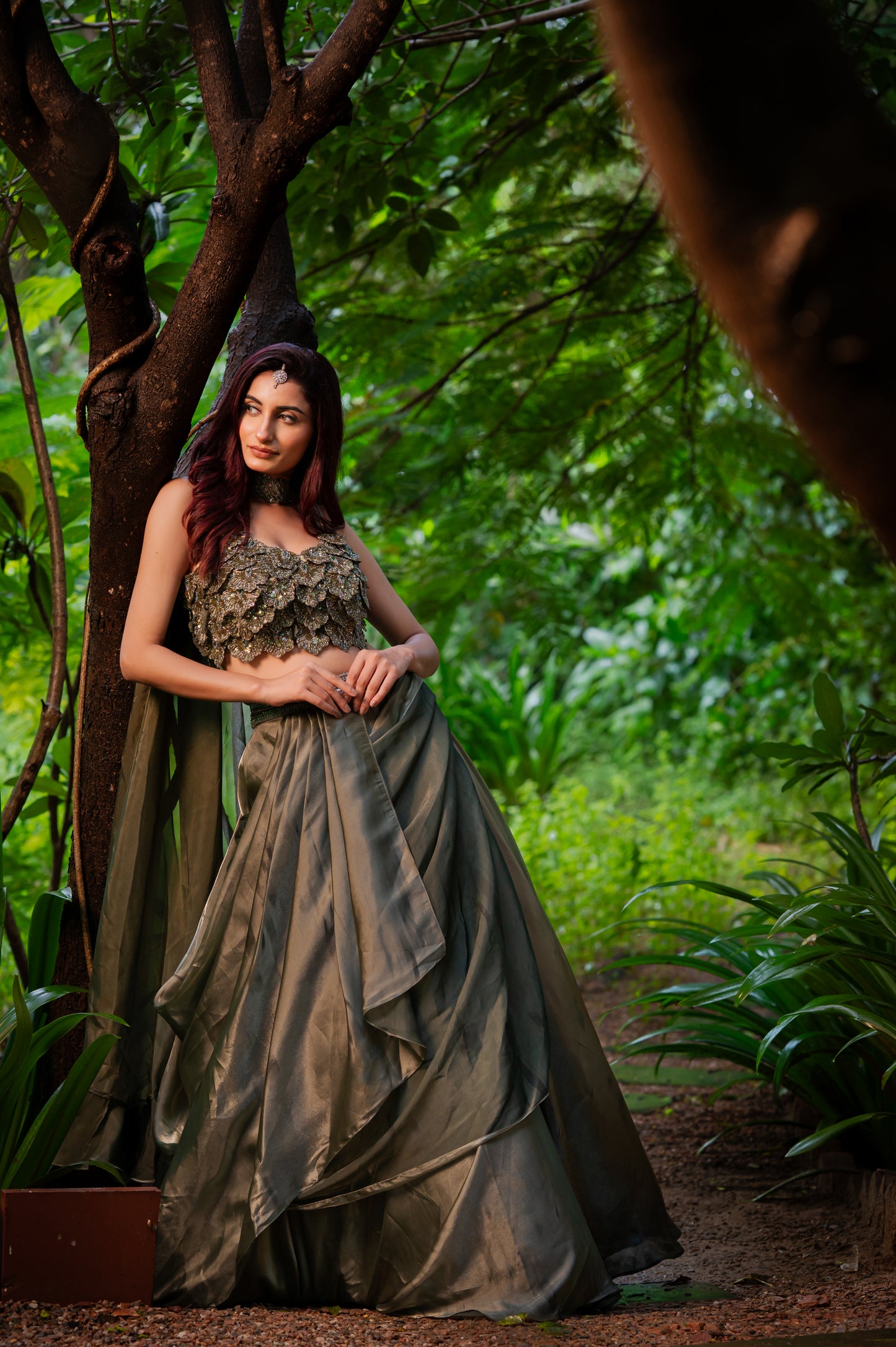 Olive Tissue Satin Lehenga with Zardozi Sequins Work