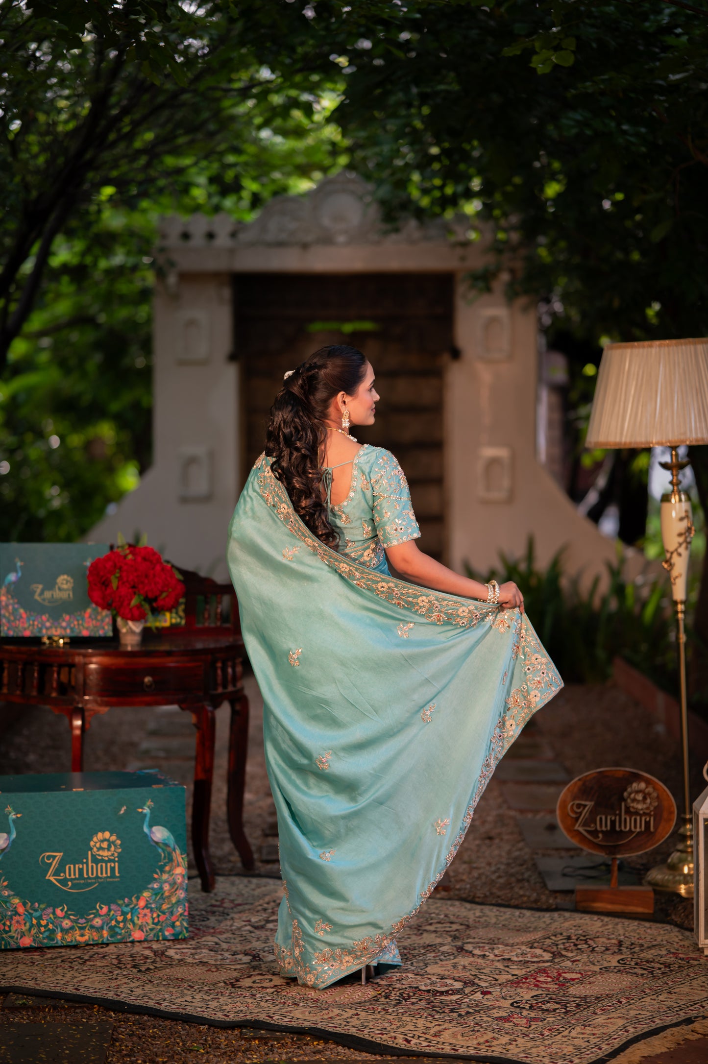Morning Blue Pure Silk Saree with Aari Zardozi and Gota Patti Work