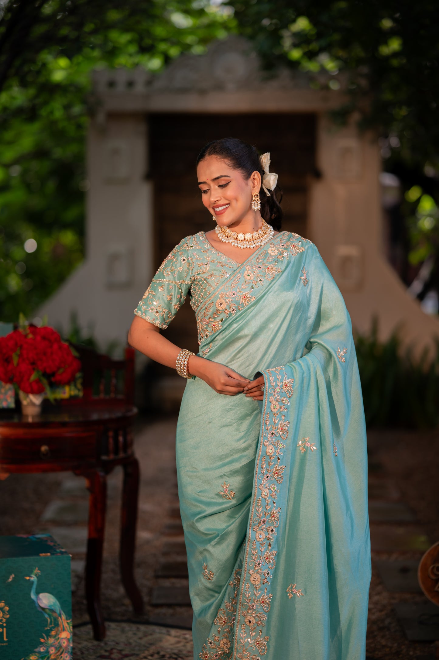 Morning Blue Pure Silk Saree with Aari Zardozi and Gota Patti Work
